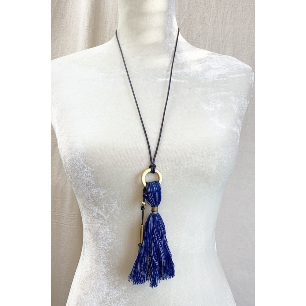 Madewell Blue Tassel Matte Gold Necklace